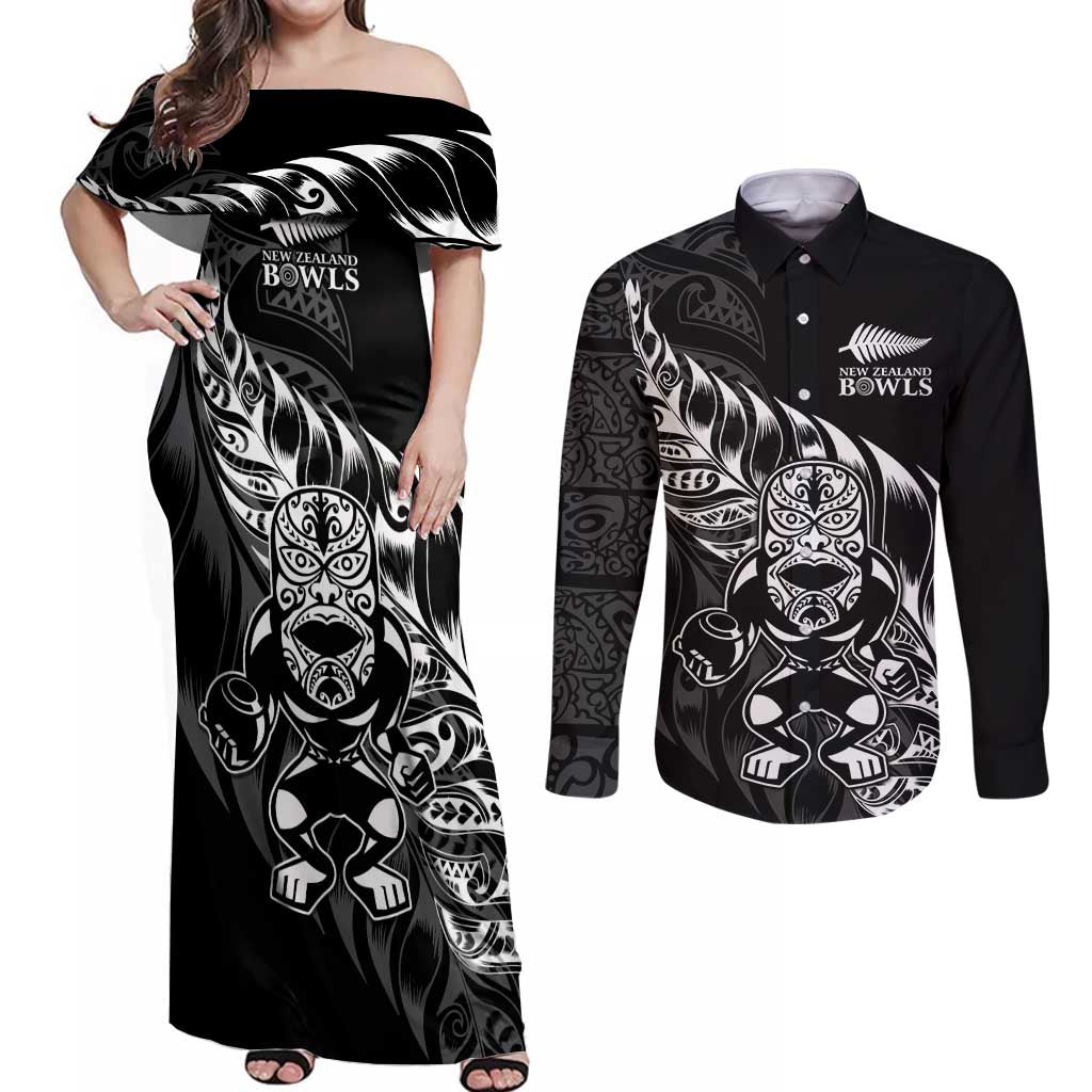 New Zealand Lawn Bowls Custom Couples Matching Off Shoulder Maxi Dress and Long Sleeve Button Shirt Black Maori Warrior Tribal Silver Fern - Aussie Hoodie