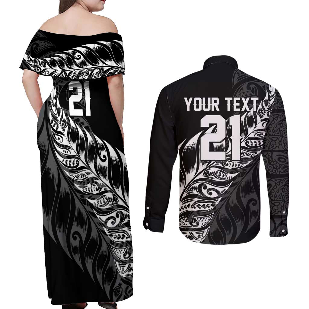 New Zealand Lawn Bowls Custom Couples Matching Off Shoulder Maxi Dress and Long Sleeve Button Shirt Black Maori Warrior Tribal Silver Fern - Aussie Hoodie