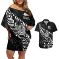 New Zealand Lawn Bowls Custom Couples Matching Off Shoulder Short Dress and Hawaiian Shirt Black Maori Warrior Tribal Silver Fern - Aussie Hoodie