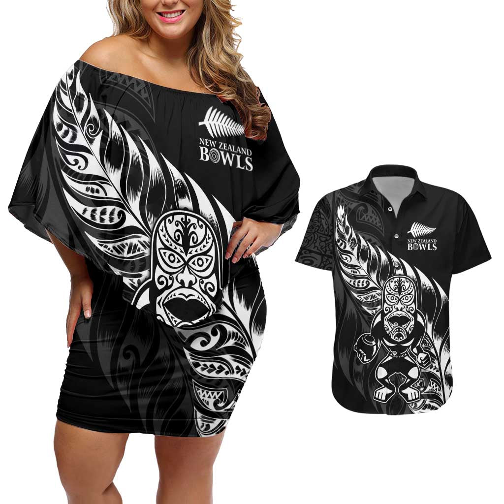 New Zealand Lawn Bowls Custom Couples Matching Off Shoulder Short Dress and Hawaiian Shirt Black Maori Warrior Tribal Silver Fern - Aussie Hoodie