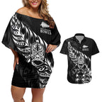 New Zealand Lawn Bowls Custom Couples Matching Off Shoulder Short Dress and Hawaiian Shirt Black Maori Warrior Tribal Silver Fern - Aussie Hoodie