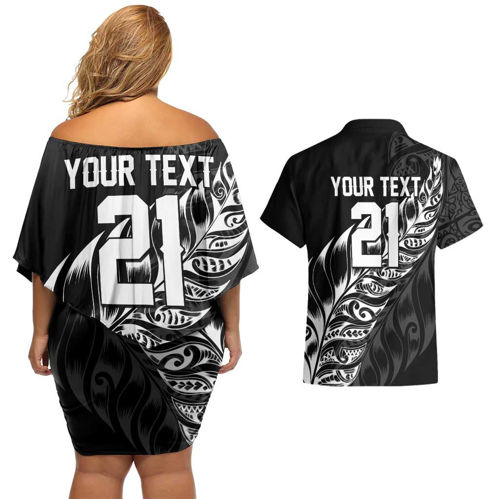 New Zealand Lawn Bowls Custom Couples Matching Off Shoulder Short Dress and Hawaiian Shirt Black Maori Warrior Tribal Silver Fern - Aussie Hoodie