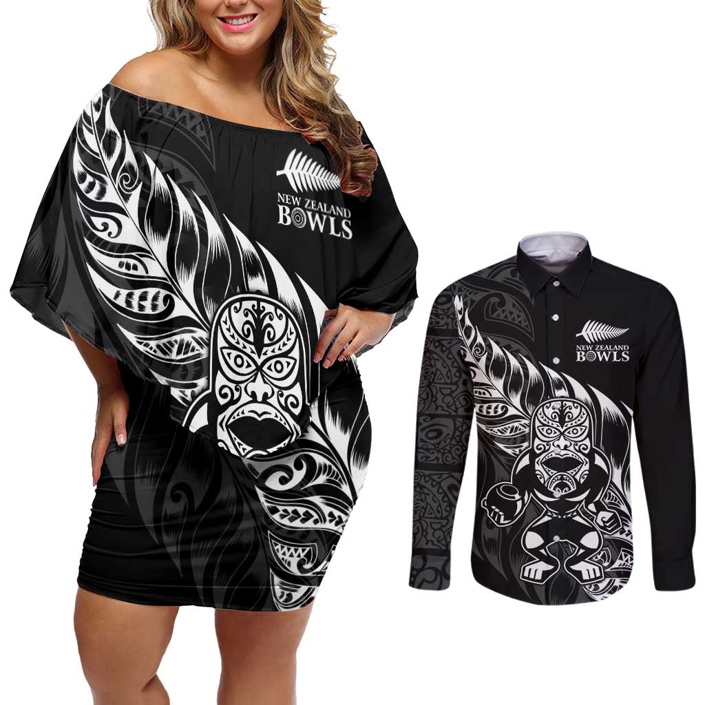 New Zealand Lawn Bowls Custom Couples Matching Off Shoulder Short Dress and Long Sleeve Button Shirt Black Maori Warrior Tribal Silver Fern - Aussie Hoodie