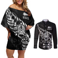 New Zealand Lawn Bowls Custom Couples Matching Off Shoulder Short Dress and Long Sleeve Button Shirt Black Maori Warrior Tribal Silver Fern - Aussie Hoodie