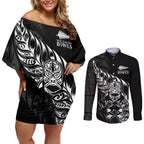 New Zealand Lawn Bowls Custom Couples Matching Off Shoulder Short Dress and Long Sleeve Button Shirt Black Maori Warrior Tribal Silver Fern - Aussie Hoodie