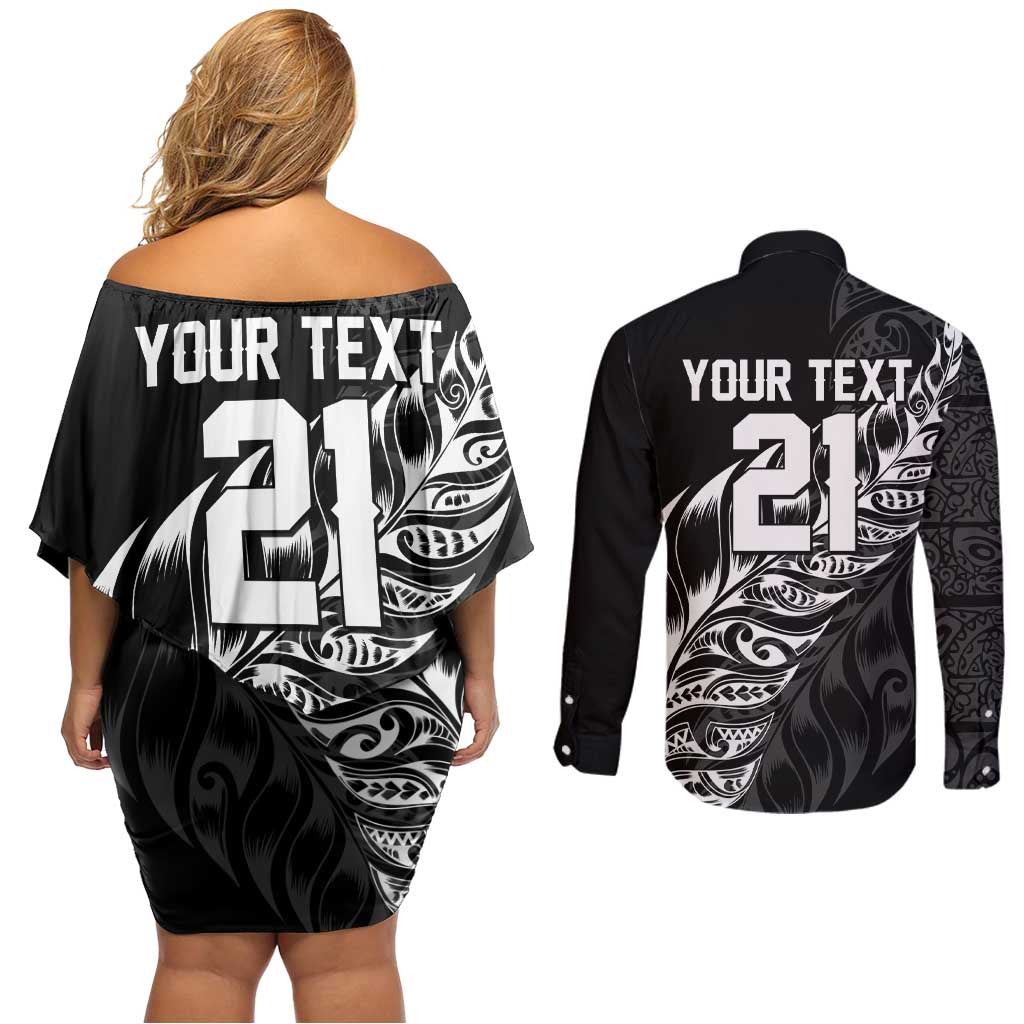 New Zealand Lawn Bowls Custom Couples Matching Off Shoulder Short Dress and Long Sleeve Button Shirt Black Maori Warrior Tribal Silver Fern - Aussie Hoodie