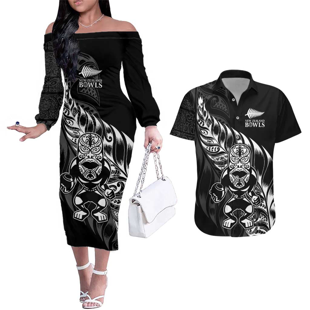 New Zealand Lawn Bowls Custom Couples Matching Off The Shoulder Long Sleeve Dress and Hawaiian Shirt Black Maori Warrior Tribal Silver Fern - Aussie Hoodie
