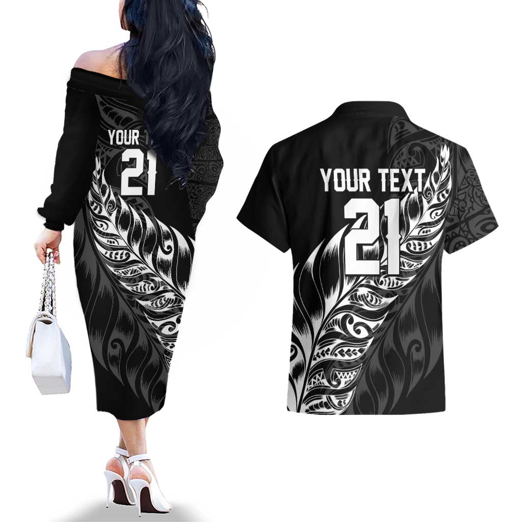 New Zealand Lawn Bowls Custom Couples Matching Off The Shoulder Long Sleeve Dress and Hawaiian Shirt Black Maori Warrior Tribal Silver Fern - Aussie Hoodie