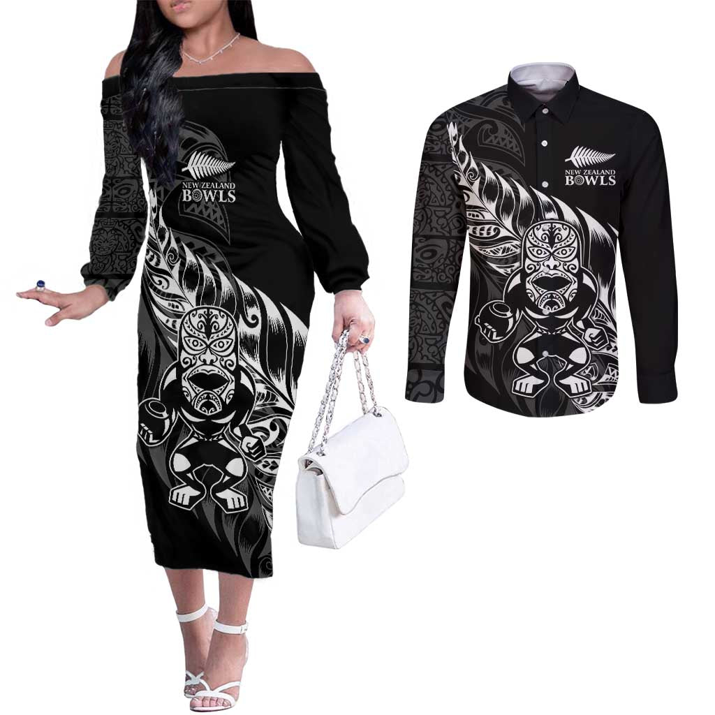 New Zealand Lawn Bowls Custom Couples Matching Off The Shoulder Long Sleeve Dress and Long Sleeve Button Shirt Black Maori Warrior Tribal Silver Fern - Aussie Hoodie