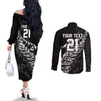 New Zealand Lawn Bowls Custom Couples Matching Off The Shoulder Long Sleeve Dress and Long Sleeve Button Shirt Black Maori Warrior Tribal Silver Fern - Aussie Hoodie