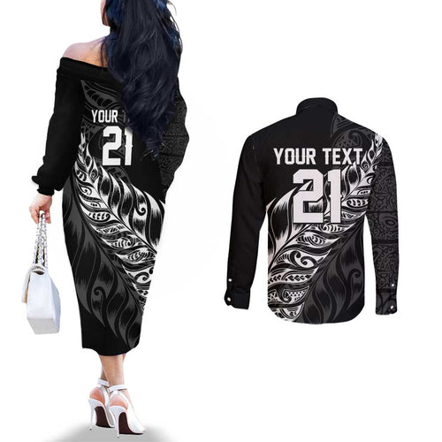 New Zealand Lawn Bowls Custom Couples Matching Off The Shoulder Long Sleeve Dress and Long Sleeve Button Shirt Black Maori Warrior Tribal Silver Fern - Aussie Hoodie