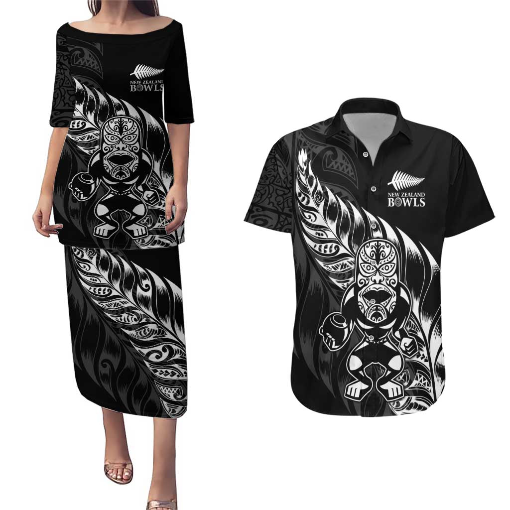 New Zealand Lawn Bowls Custom Couples Matching Puletasi and Hawaiian Shirt Black Maori Warrior Tribal Silver Fern - Aussie Hoodie