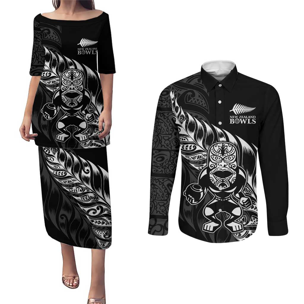 New Zealand Lawn Bowls Custom Couples Matching Puletasi and Long Sleeve Button Shirt Black Maori Warrior Tribal Silver Fern - Aussie Hoodie