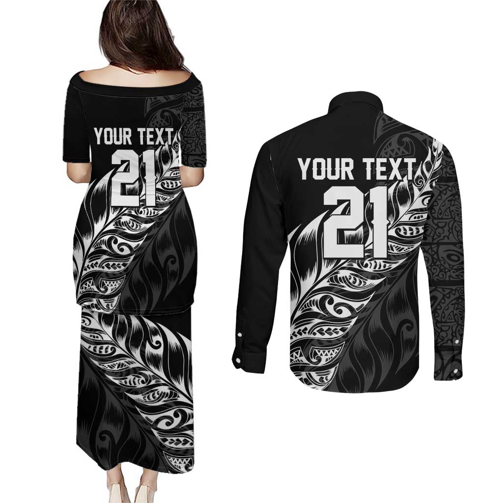 New Zealand Lawn Bowls Custom Couples Matching Puletasi and Long Sleeve Button Shirt Black Maori Warrior Tribal Silver Fern - Aussie Hoodie