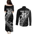 New Zealand Lawn Bowls Custom Couples Matching Puletasi and Long Sleeve Button Shirt Black Maori Warrior Tribal Silver Fern - Aussie Hoodie