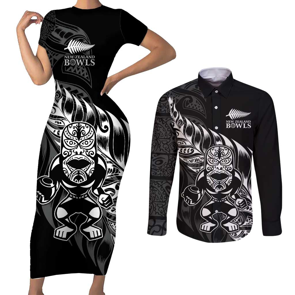 New Zealand Lawn Bowls Custom Couples Matching Short Sleeve Bodycon Dress and Long Sleeve Button Shirt Black Maori Warrior Tribal Silver Fern - Aussie Hoodie