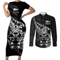 New Zealand Lawn Bowls Custom Couples Matching Short Sleeve Bodycon Dress and Long Sleeve Button Shirt Black Maori Warrior Tribal Silver Fern - Aussie Hoodie
