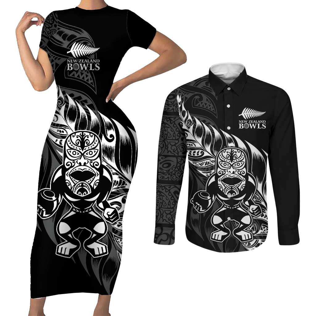 New Zealand Lawn Bowls Custom Couples Matching Short Sleeve Bodycon Dress and Long Sleeve Button Shirt Black Maori Warrior Tribal Silver Fern - Aussie Hoodie