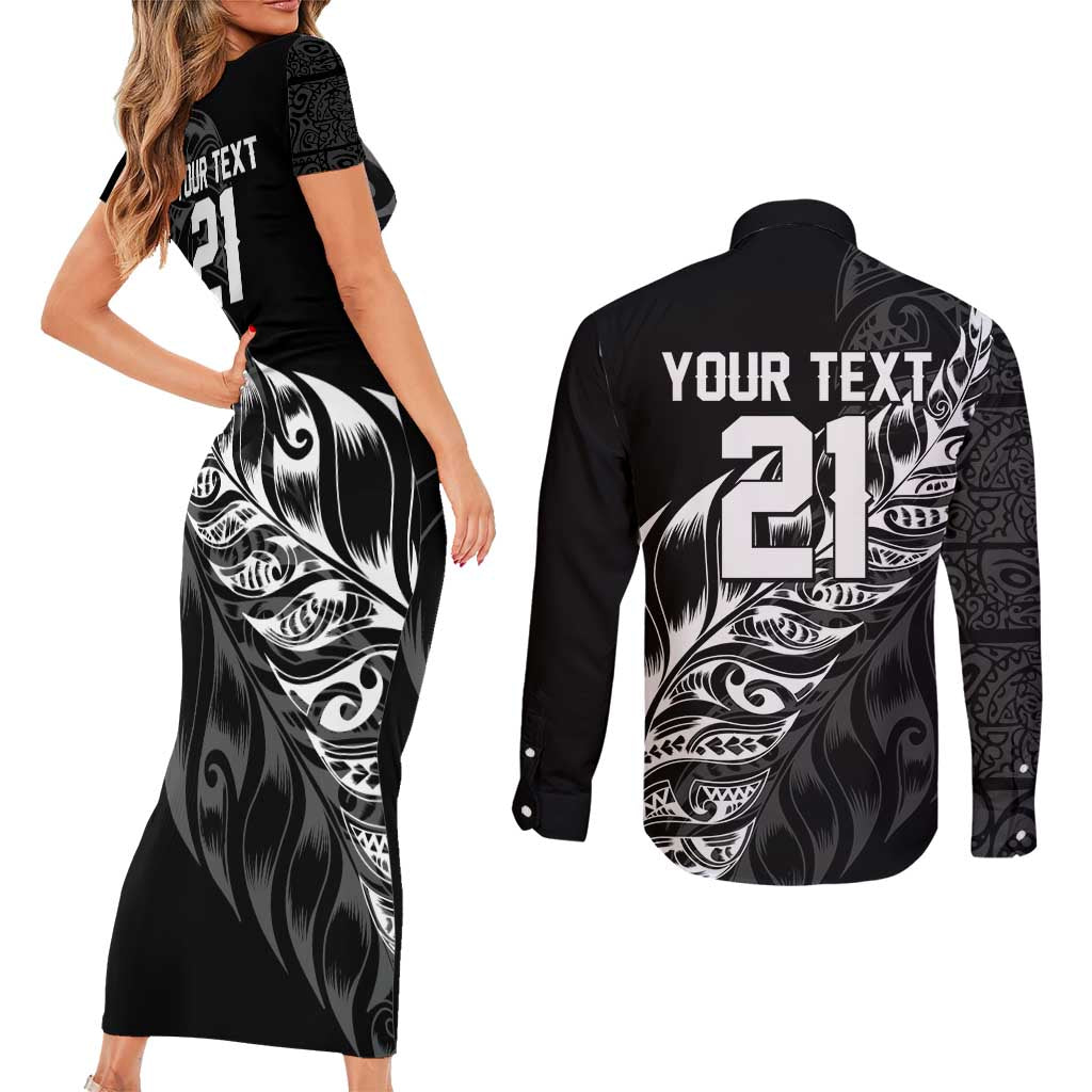 New Zealand Lawn Bowls Custom Couples Matching Short Sleeve Bodycon Dress and Long Sleeve Button Shirt Black Maori Warrior Tribal Silver Fern - Aussie Hoodie