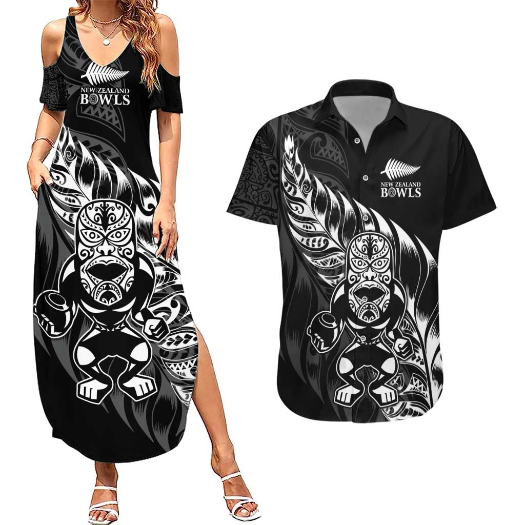 New Zealand Lawn Bowls Custom Couples Matching Summer Maxi Dress and Hawaiian Shirt Black Maori Warrior Tribal Silver Fern - Aussie Hoodie