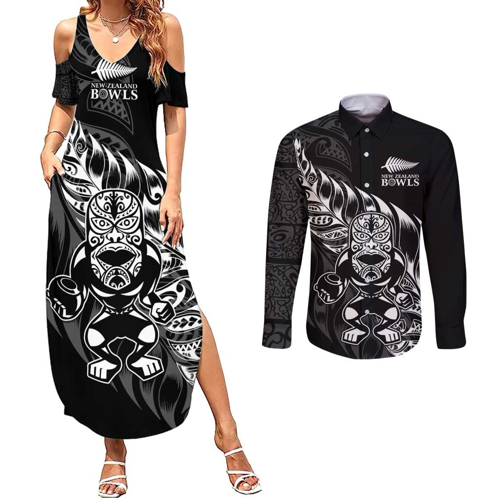 New Zealand Lawn Bowls Custom Couples Matching Summer Maxi Dress and Long Sleeve Button Shirt Black Maori Warrior Tribal Silver Fern - Aussie Hoodie