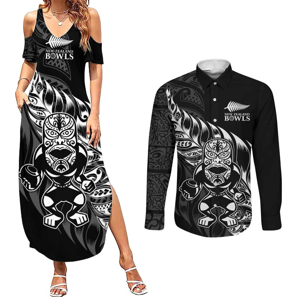 New Zealand Lawn Bowls Custom Couples Matching Summer Maxi Dress and Long Sleeve Button Shirt Black Maori Warrior Tribal Silver Fern - Aussie Hoodie