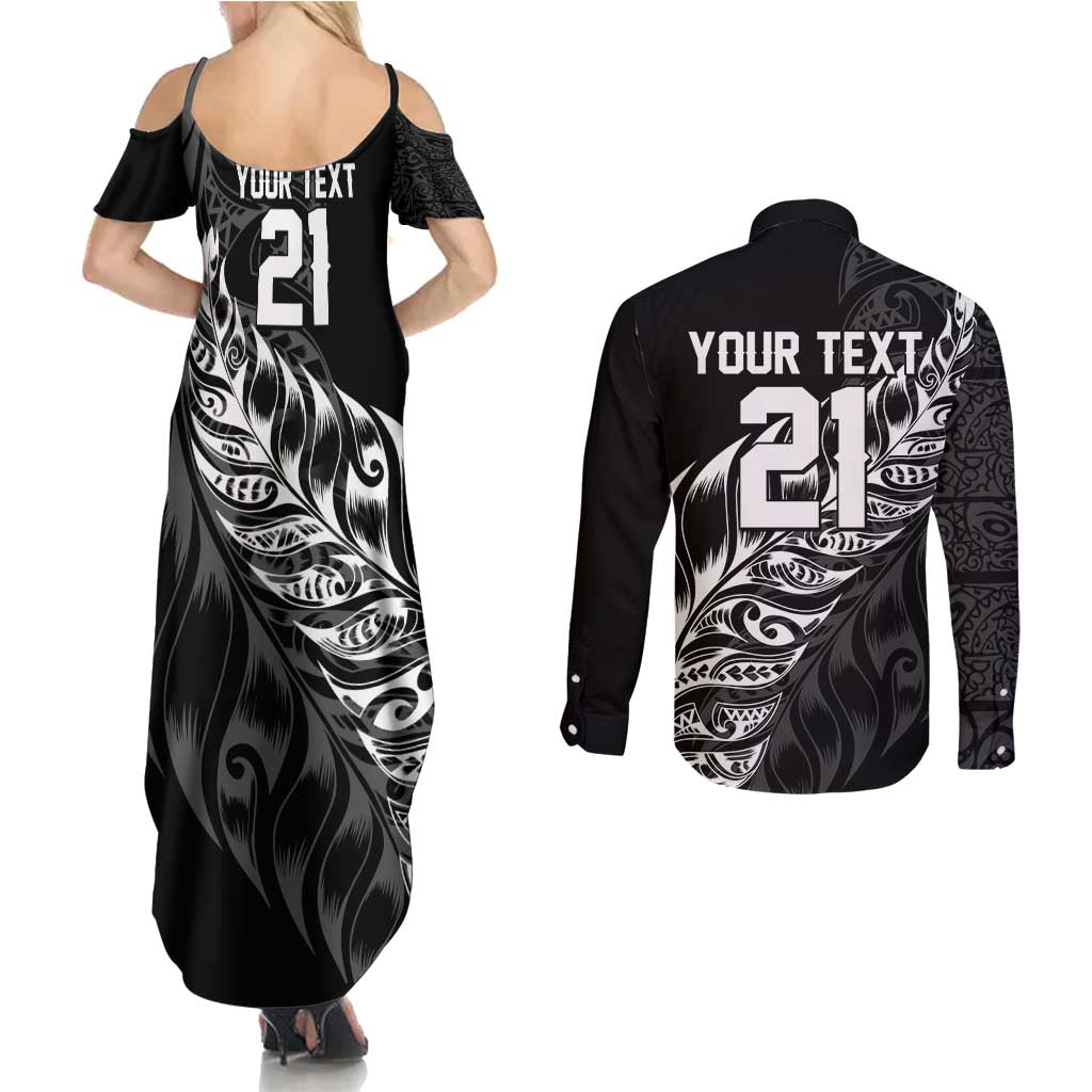 New Zealand Lawn Bowls Custom Couples Matching Summer Maxi Dress and Long Sleeve Button Shirt Black Maori Warrior Tribal Silver Fern - Aussie Hoodie