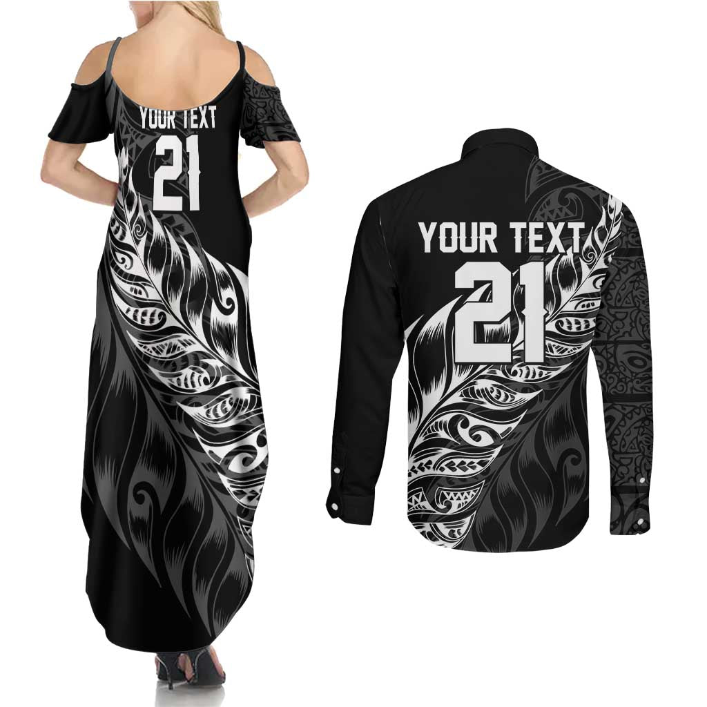 New Zealand Lawn Bowls Custom Couples Matching Summer Maxi Dress and Long Sleeve Button Shirt Black Maori Warrior Tribal Silver Fern - Aussie Hoodie