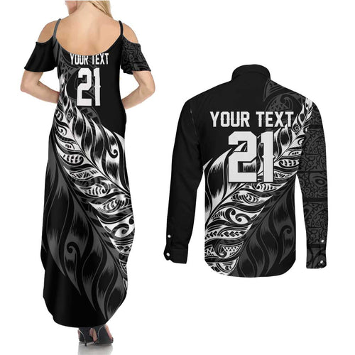 New Zealand Lawn Bowls Custom Couples Matching Summer Maxi Dress and Long Sleeve Button Shirt Black Maori Warrior Tribal Silver Fern - Aussie Hoodie