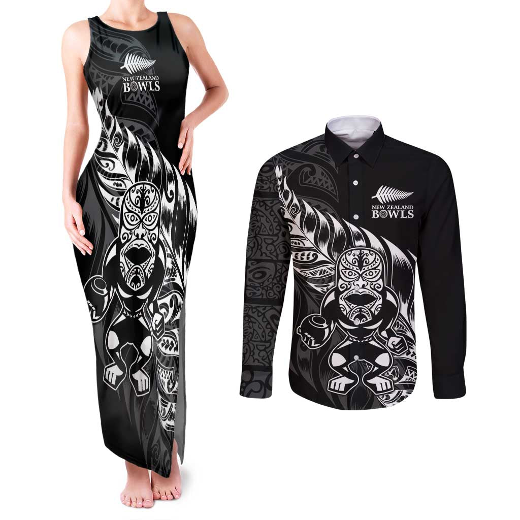 New Zealand Lawn Bowls Custom Couples Matching Tank Maxi Dress and Long Sleeve Button Shirt Black Maori Warrior Tribal Silver Fern - Aussie Hoodie