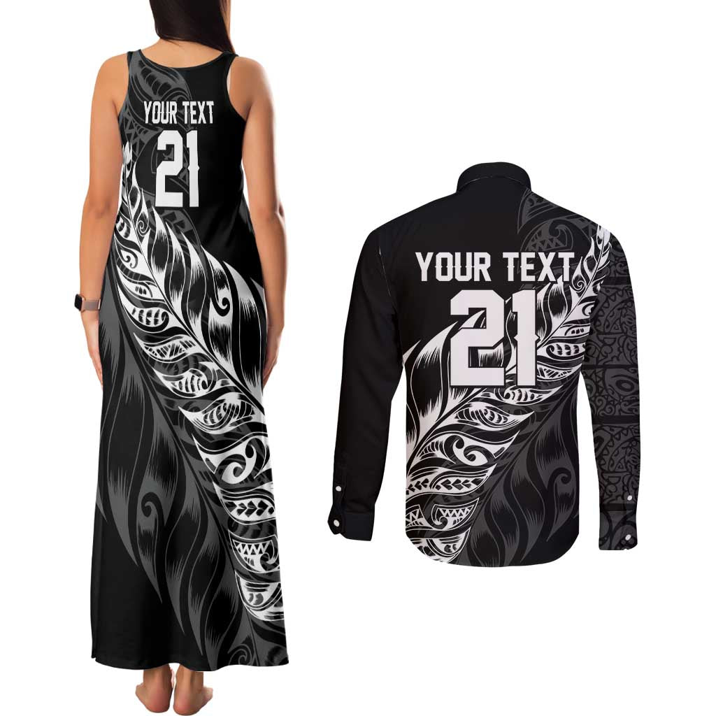 New Zealand Lawn Bowls Custom Couples Matching Tank Maxi Dress and Long Sleeve Button Shirt Black Maori Warrior Tribal Silver Fern - Aussie Hoodie