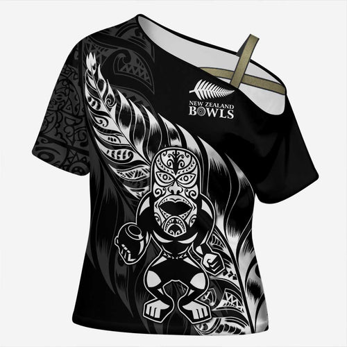 New Zealand Lawn Bowls Custom Cross Shoulder Shirt Black Maori Warrior Tribal Silver Fern - Aussie Hoodie