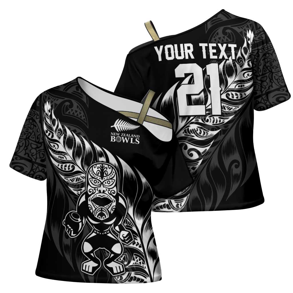 New Zealand Lawn Bowls Custom Cross Shoulder Shirt Black Maori Warrior Tribal Silver Fern - Aussie Hoodie