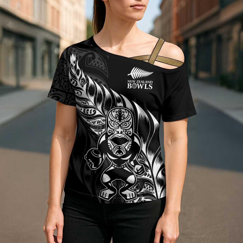 New Zealand Lawn Bowls Custom Cross Shoulder Shirt Black Maori Warrior Tribal Silver Fern - Aussie Hoodie