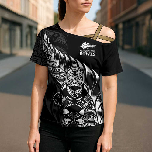 New Zealand Lawn Bowls Custom Cross Shoulder Shirt Black Maori Warrior Tribal Silver Fern - Aussie Hoodie