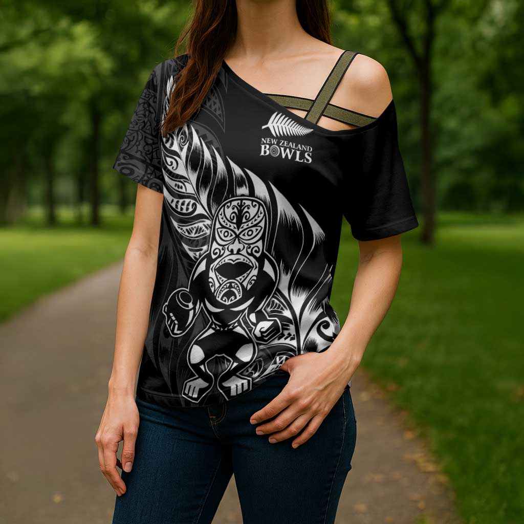 New Zealand Lawn Bowls Custom Cross Shoulder Shirt Black Maori Warrior Tribal Silver Fern - Aussie Hoodie