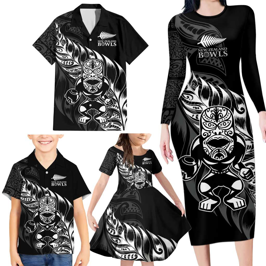 New Zealand Lawn Bowls Custom Family Matching Long Sleeve Bodycon Dress and Hawaiian Shirt Black Maori Warrior Tribal Silver Fern - Aussie Hoodie