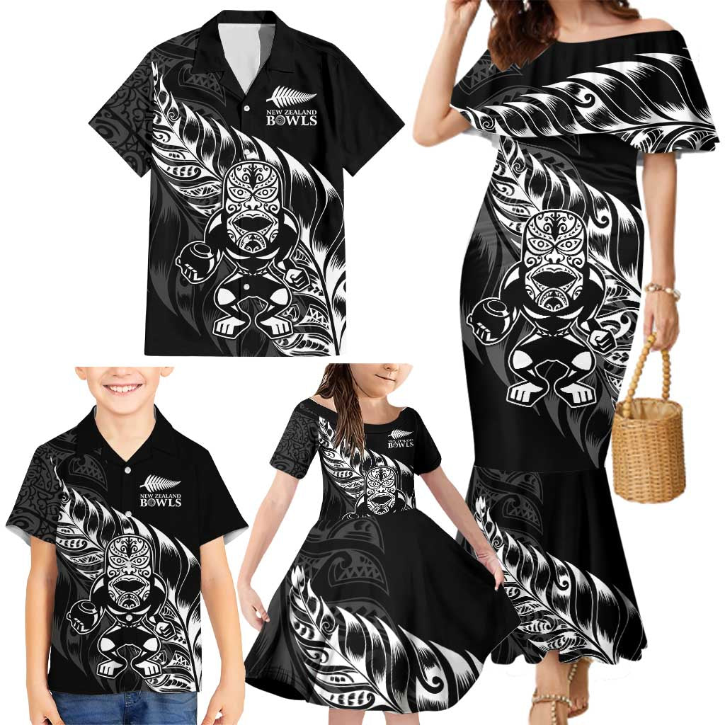 New Zealand Lawn Bowls Custom Family Matching Mermaid Dress and Hawaiian Shirt Black Maori Warrior Tribal Silver Fern - Aussie Hoodie