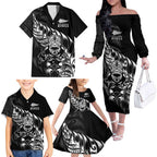 New Zealand Lawn Bowls Custom Family Matching Off The Shoulder Long Sleeve Dress and Hawaiian Shirt Black Maori Warrior Tribal Silver Fern - Aussie Hoodie