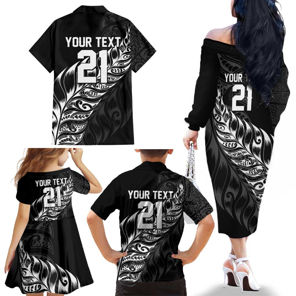 New Zealand Lawn Bowls Custom Family Matching Off The Shoulder Long Sleeve Dress and Hawaiian Shirt Black Maori Warrior Tribal Silver Fern - Aussie Hoodie