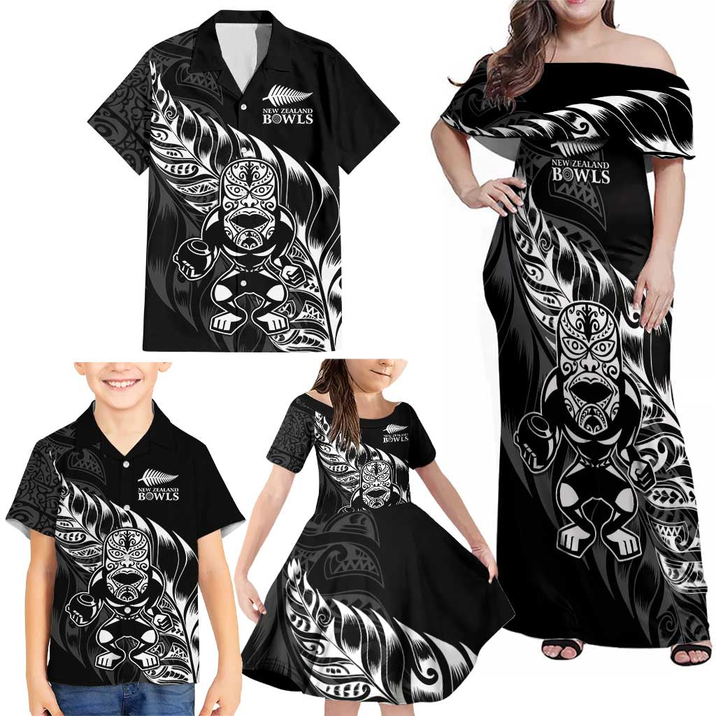 New Zealand Lawn Bowls Custom Family Matching Off Shoulder Maxi Dress and Hawaiian Shirt Black Maori Warrior Tribal Silver Fern - Aussie Hoodie