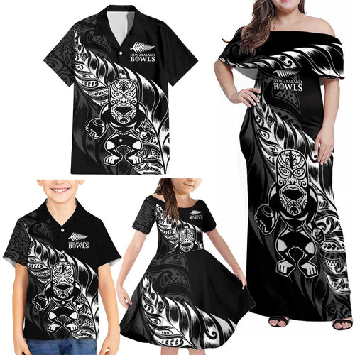 New Zealand Lawn Bowls Custom Family Matching Off Shoulder Maxi Dress and Hawaiian Shirt Black Maori Warrior Tribal Silver Fern - Aussie Hoodie