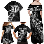 New Zealand Lawn Bowls Custom Family Matching Off Shoulder Maxi Dress and Hawaiian Shirt Black Maori Warrior Tribal Silver Fern - Aussie Hoodie