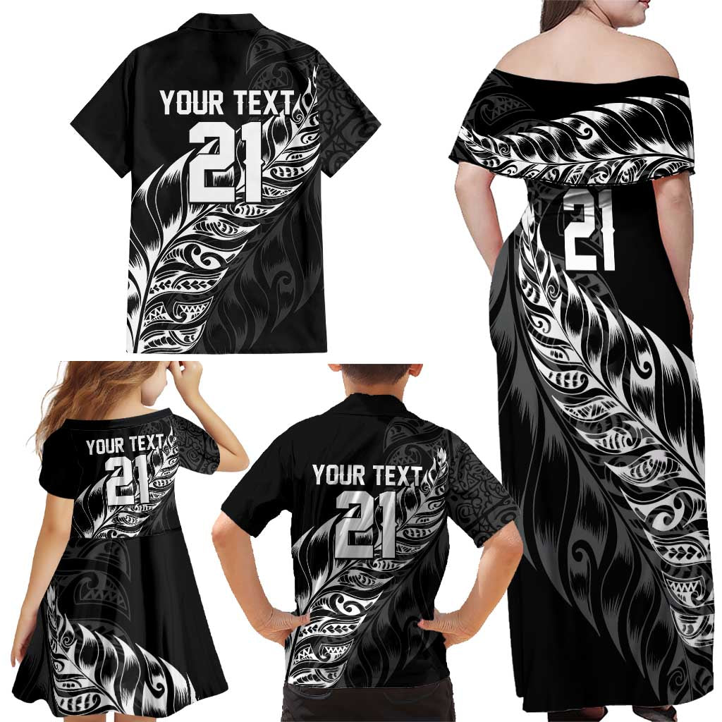 New Zealand Lawn Bowls Custom Family Matching Off Shoulder Maxi Dress and Hawaiian Shirt Black Maori Warrior Tribal Silver Fern - Aussie Hoodie