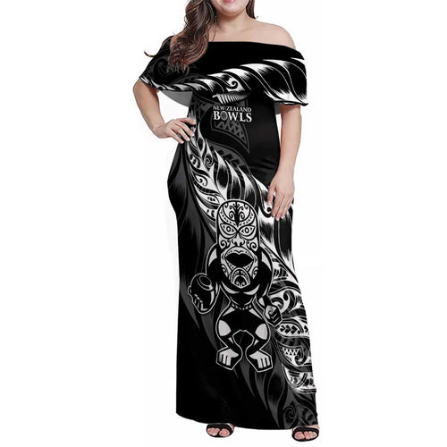 New Zealand Lawn Bowls Custom Family Matching Off Shoulder Maxi Dress and Hawaiian Shirt Black Maori Warrior Tribal Silver Fern - Aussie Hoodie
