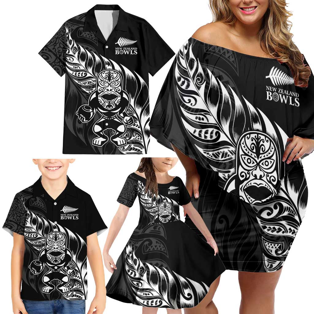 New Zealand Lawn Bowls Custom Family Matching Off Shoulder Short Dress and Hawaiian Shirt Black Maori Warrior Tribal Silver Fern - Aussie Hoodie