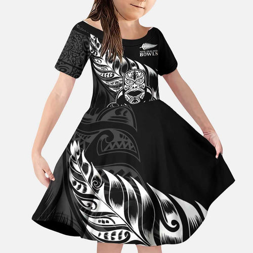 New Zealand Lawn Bowls Custom Family Matching Off Shoulder Short Dress and Hawaiian Shirt Black Maori Warrior Tribal Silver Fern - Aussie Hoodie