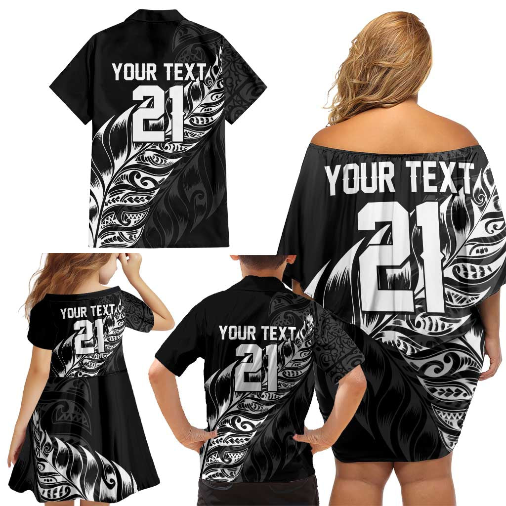New Zealand Lawn Bowls Custom Family Matching Off Shoulder Short Dress and Hawaiian Shirt Black Maori Warrior Tribal Silver Fern - Aussie Hoodie