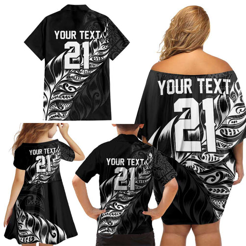 New Zealand Lawn Bowls Custom Family Matching Off Shoulder Short Dress and Hawaiian Shirt Black Maori Warrior Tribal Silver Fern - Aussie Hoodie