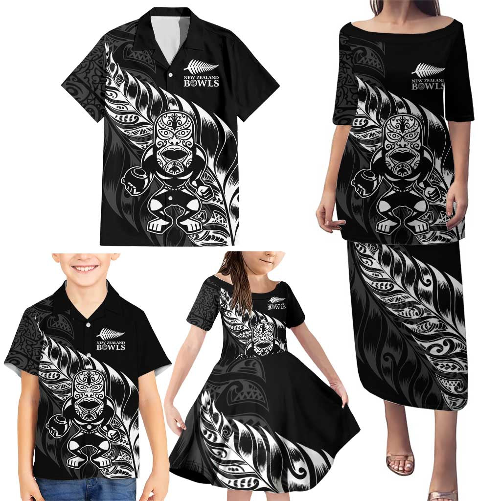New Zealand Lawn Bowls Custom Family Matching Puletasi and Hawaiian Shirt Black Maori Warrior Tribal Silver Fern - Aussie Hoodie